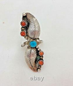 Navajo Made Sterling Silver. 925 Coral Turquiose 2 Feather Ring Size 5