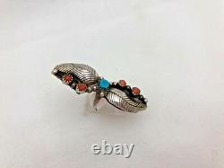 Navajo Made Sterling Silver. 925 Coral Turquiose 2 Feather Ring Size 5