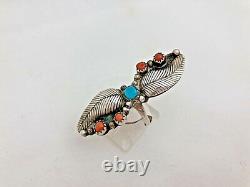 Navajo Made Sterling Silver. 925 Coral Turquiose 2 Feather Ring Size 5