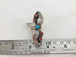 Navajo Made Sterling Silver. 925 Coral Turquiose 2 Feather Ring Size 5