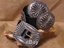 Navajo Made Sterling Silver And Leather Concho Belt