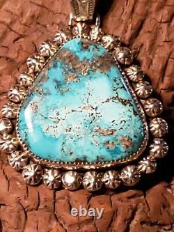 Navajo Made Sterling Silver & Top Grade Morenci Turquoise Pendant 23.2 grams