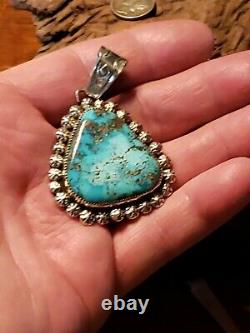 Navajo Made Sterling Silver & Top Grade Morenci Turquoise Pendant 23.2 grams