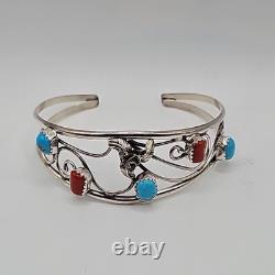 Navajo Made Sterling Silver Turquoise and Coral Cuff Bracelet Size 6.5, Signed