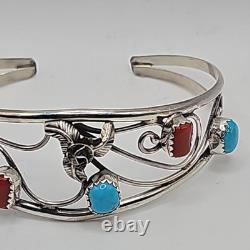 Navajo Made Sterling Silver Turquoise and Coral Cuff Bracelet Size 6.5, Signed