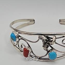 Navajo Made Sterling Silver Turquoise and Coral Cuff Bracelet Size 6.5, Signed