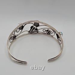 Navajo Made Sterling Silver Turquoise and Coral Cuff Bracelet Size 6.5, Signed