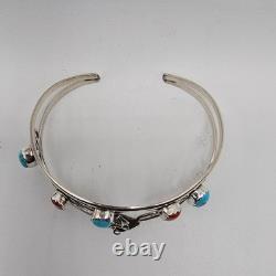 Navajo Made Sterling Silver Turquoise and Coral Cuff Bracelet Size 6.5, Signed
