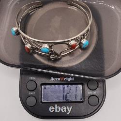 Navajo Made Sterling Silver Turquoise and Coral Cuff Bracelet Size 6.5, Signed