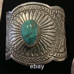 Navajo Made Turquoise Stamped Sterling Silver Bracelet