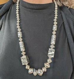Navajo Sterling Silver Drum Beads Bench Made Pearl + Barrel Bead Necklace 30