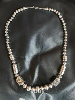 Navajo Sterling Silver Drum Beads Bench Made Pearl + Barrel Bead Necklace 30