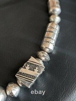 Navajo Sterling Silver Drum Beads Bench Made Pearl + Barrel Bead Necklace 30