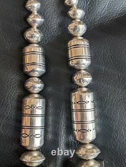 Navajo Sterling Silver Drum Beads Bench Made Pearl + Barrel Bead Necklace 30