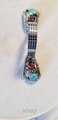 Navajo Sterling Silver Turquoise Coral Womens Watch Bracelet s6-8 Native Made