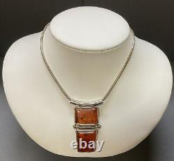 Necklace Pendant Amber Sterling Silver Two-Piece Heavy Well-Made