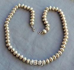 New Heavy Navajo Made Sterling Silver Stamped Bead Necklace 22 70.4 Grams