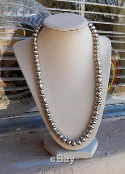 New Heavy Navajo Made Sterling Silver Stamped Bead Necklace 22 70.4 Grams
