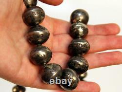 OLD Navajo Sterling Silver Graduated Bead Necklace 30 Hand-made beads + designs