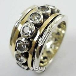 OR PAZ 925 STERLING SILVER & 14K GOLD SPINNER RING WithCZ STONES, MADE IN ISRAEL