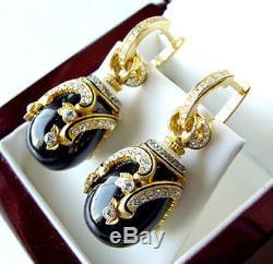 OUTSTANDING EARRINGS MADE OF STERLING SILVER 925 ENAMEL with GENUINE ONYX