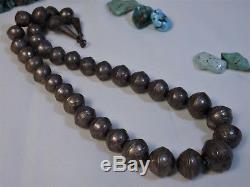 Old 70s NAVAJO PEARLS Hand Made Stamped STERLING Silver Bech Bead NECKLACE 18