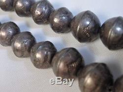 Old 70s NAVAJO PEARLS Hand Made Stamped STERLING Silver Bech Bead NECKLACE 18