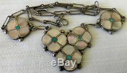 Old Pawn Sterling Silver Mother Of Pearl & Turquoise Blossom Zuni Made Necklace