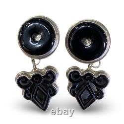Onyx Hand Made Sterling Silver Vintage Earrings Signed GGSS