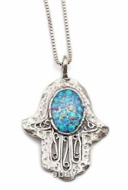 Opal Hamsa Hand Sterling Silver 925 Pendent Oval Blue Rounds Lab Opal Filigree