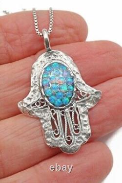 Opal Hamsa Hand Sterling Silver 925 Pendent Oval Blue Rounds Lab Opal Filigree