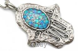 Opal Hamsa Hand Sterling Silver 925 Pendent Oval Blue Rounds Lab Opal Filigree