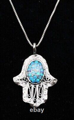 Opal Hamsa Hand Sterling Silver 925 Pendent Oval Blue Rounds Lab Opal Filigree