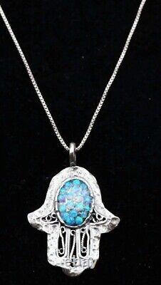 Opal Hamsa Hand Sterling Silver 925 Pendent Oval Blue Rounds Lab Opal Filigree