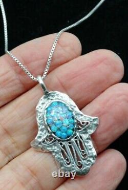 Opal Hamsa Hand Sterling Silver 925 Pendent Oval Blue Rounds Lab Opal Filigree