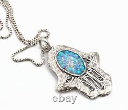 Opal Hamsa Hand Sterling Silver 925 Pendent Oval Blue Rounds Lab Opal Filigree