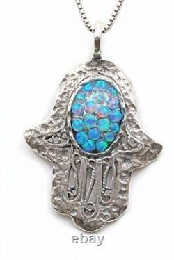 Opal Hamsa Hand Sterling Silver 925 Pendent Oval Blue Rounds Lab Opal Filigree