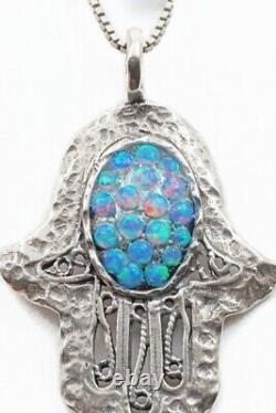 Opal Hamsa Hand Sterling Silver 925 Pendent Oval Blue Rounds Lab Opal Filigree