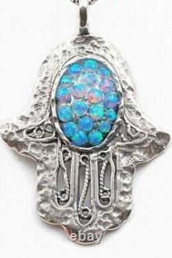 Opal Hamsa Hand Sterling Silver 925 Pendent Oval Blue Rounds Lab Opal Filigree