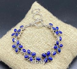 PTI-Sterling Silver Floral Flower Lapis Type Link Toggle Bracelet-MADE IN INDIA