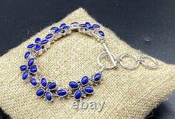 PTI-Sterling Silver Floral Flower Lapis Type Link Toggle Bracelet-MADE IN INDIA