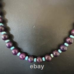 Purple Stone Blue Turquoise Bead Navajo Sterling Silver Necklace 18 17788