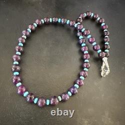 Purple Stone Blue Turquoise Bead Navajo Sterling Silver Necklace 18 17788