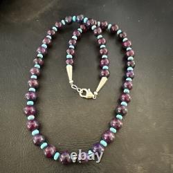 Purple Stone Blue Turquoise Bead Navajo Sterling Silver Necklace 18 17788