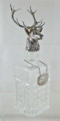 RARE Large Sterling Silver Stag Head & Crystal Decanter Made for Glenfiddich