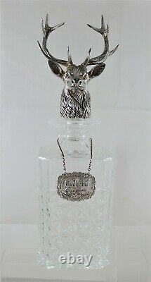 RARE Large Sterling Silver Stag Head & Crystal Decanter Made for Glenfiddich