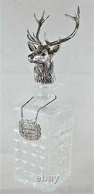 RARE Large Sterling Silver Stag Head & Crystal Decanter Made for Glenfiddich