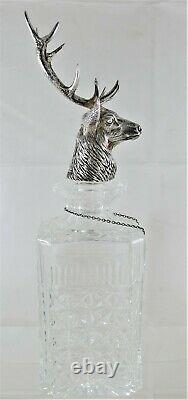 RARE Large Sterling Silver Stag Head & Crystal Decanter Made for Glenfiddich