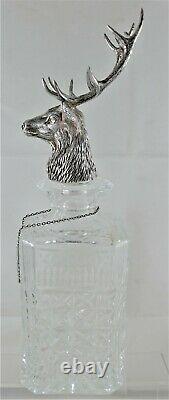 RARE Large Sterling Silver Stag Head & Crystal Decanter Made for Glenfiddich