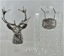 RARE Large Sterling Silver Stag Head & Crystal Decanter Made for Glenfiddich